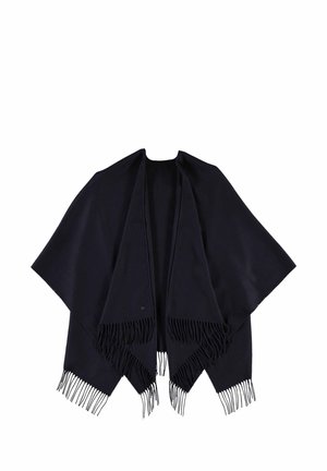 Scialle in tessuto morbido di colore blu navy, con orlo frangiato e design aperto per una facile vestibilità.