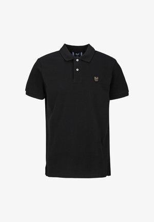 Zwarte polo gemaakt van katoen, met een klassieke kraag, sluiting met twee knopen en een klein logo-opdruk op de linkerkant van de borst. Korte mouwen.