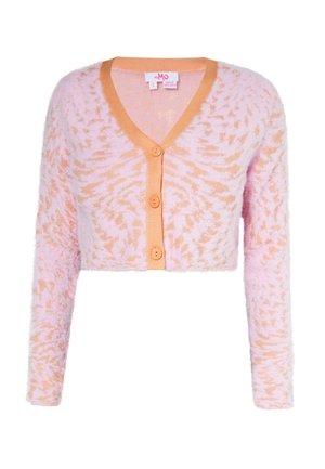 Cardigan accorciato in rosa soffice con dettagli arancioni, caratterizzato da scollatura a V, quattro bottoni e un motivo testurizzato su tutta la stoffa.