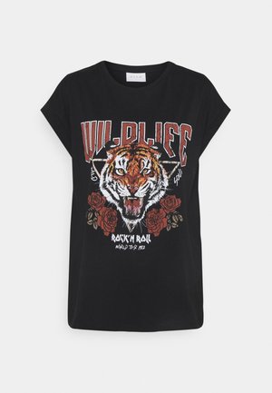 Czarny T-shirt z ryczącą głową tygrysa, czerwonymi różami oraz tekstem „WILD LIFE”, „Rock'n Roll” i „World Tour 1982” w odważnym, graficznym nadruku.