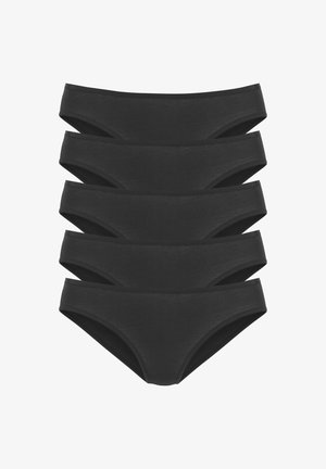 Black cotton bikini briefs with smooth texture, low-rise design, and no visible patterns. Five pairs stacked, showcasing side cutouts.
