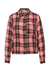 Chemise à manches longues à carreaux roses et bruns avec des boutons sur le devant, une poche poitrine et un col classique.