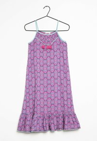 Lila ärmelloses Kleid mit einem Rüschensaum, das mit einem kreisf�örmigen Muster in Pink und Blau verziert ist, sowie einem kleinen Schleifenapplikation am Ausschnitt.