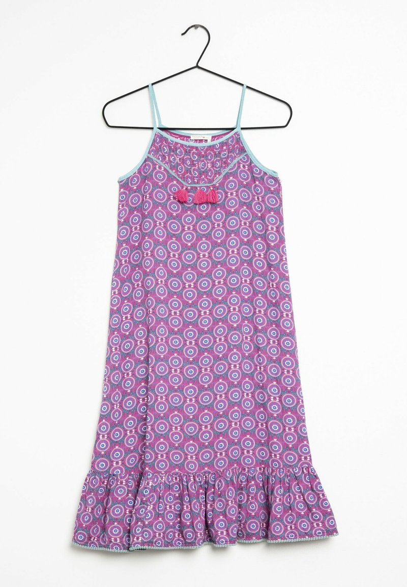 Fialové bezramenné šaty s volánkovým lemem, zdobené kulatým potiskem v růžové a modré barvě a malou mašlí na výstřihu.