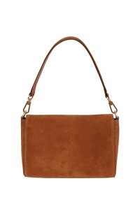 Wildlederbraune Handtasche mit strukturierter rechteckiger Form. Ausgestattet mit einem schlanken, verstellbaren Riemen und goldfarbenen Metallakzenten.