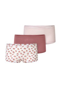 Three pairs of women's boxer briefs: one with a peach leopard print, one solid rose, and one with thin white and rose stripes.