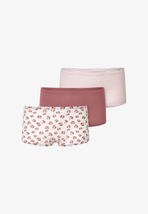 Drei Paare Damen-Boxershorts: eine mit einem pfirsichfarbenen Leopardenmuster, eine in einfarbigem Rosa und eine mit dünnen weißen und rosafarbenen Streifen.