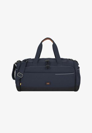 Sac de voyage de la marine en tissu résistant, avec deux poignées supérieures, une bandoulière réglable et une poche zippée à l'avant avec un détail réfléchissant.