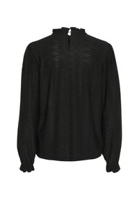 Blusa nera a maniche lunghe con tessuto testurizzato e motivo geometrico, colletto arricciato e chiusura con bottone sulla schiena.