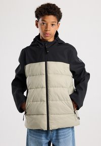 Padded jacket with black upper and light gray lower sections, featuring a hood, zipper closure, and side pockets. Soft, textured fabric.