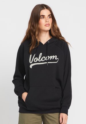 Sweat à capuche noir avec cordon de serrage, arborant un grand logo "Volcom" brodé en argent sur le devant. Tissu doux, design à enfiler et poche kangourou.