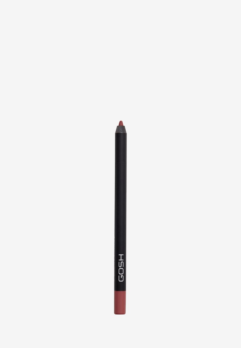 GOSH lip liner pencil, black casing with white text, sharp tip, and burgundy colored lead. Smooth texture, cylindrical shape.