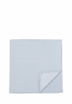 Blue patterned pocket square with a textured finish. Features a light blue geometric pattern with a hemmed edge and a folded corner detail.