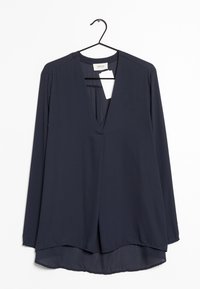 Navyblaues Langarmbluse aus leichtem Stoff, mit tiefem V-Ausschnitt, lässigem Schnitt und einem hoch-tief geschnittenen Saumdesign.
