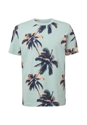Korte mouwen t-shirt in mintgroene katoen met een marineblauwe en koraalkleurige palmboomprint. Ronde hals en rechte zoom, zachte textuur.