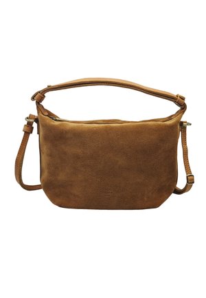 Sac à main rectangulaire en daim marron avec bandoulière réglable et fermeture éclair, marquage minimal au centre avant.