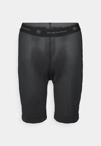 Schwarze gepolsterte Radsportshorts mit einem Netzdesign, ausgestattet mit einem elastischen Bund, der mit "ENDURA" brandet. Knielange Ausführung mit texturierter Oberfläche.