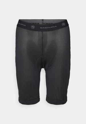Juoda paminkštinta dviračių šortai su tinklinio dizainu, turintys elastingą juostą su prekės ženklu "ENDURA." Kelio ilgio stilius su tekstūruota paviršiumi.