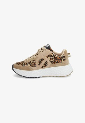 Tan suede sneakers with leopard print accents, featuring a rounded white sole and textured black rubber outsole. Lace-up design.