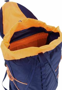 Zaino blu e arancione con parte superiore arricciata, tessuto texturizzato, tasca interna con zip e spallacci laterali regolabili. Vista aperta, che mostra un ampio interno.