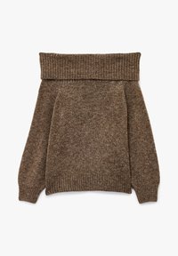 Brązowy sweter z odkrytymi ramionami, wykonany z teksturowanej dzianiny, z prążkowanym dekoltem i mankietami, o luźnym kroju.
