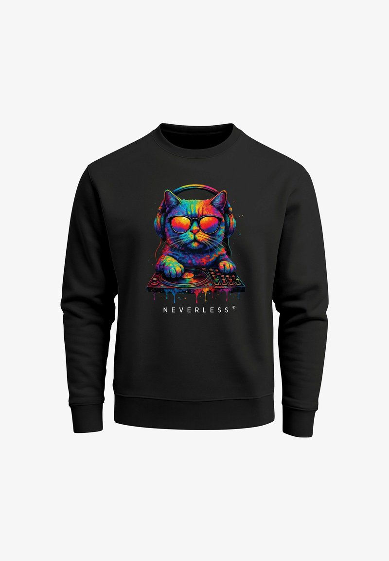Black sweatshirt with a vibrant, illustrated cat wearing headphones and glasses, set against a colorful graphic design. Text reads "NEVERLESS."