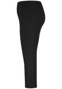 Schwarze, hochgeschnittene Hosen mit einem schlanken Design, geradem Bein, glatter Textur und ohne sichtbare Verzierungen.