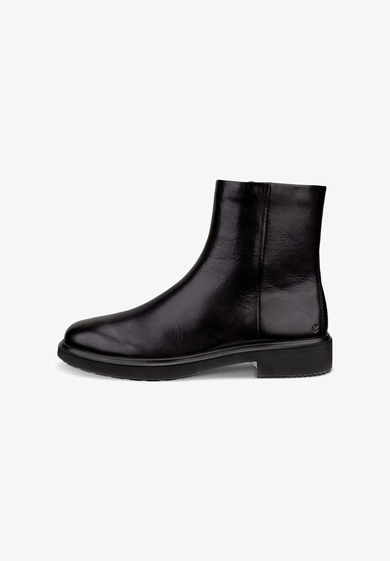 Sorte læder ankelstøvler med en glat tekstur, rund tå, flad sål og minimale syninger. Designet til et strømlinet, moderne look.