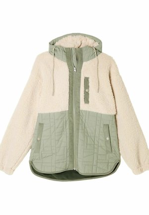 Cremfarbene und hellgrüne Kapuzenjacke mit gestepptem unteren Abschnitt, Frontreißverschluss, Druckknopf-Taschen und Kordelzugkapuze.