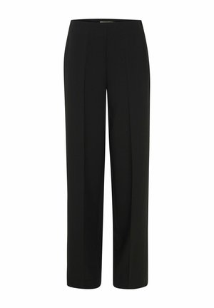 Juodi plačios kojos kelnių, su lygiu paviršiumi, turinčios priekinį raukšlių ir plokščią liemenį. Nėra matomų aksesuarų ar raštų.