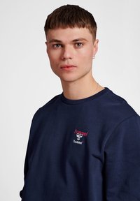 Marineblauwe sweatshirt gemaakt van katoen met een ronde hals. Heeft een geborduurd logo op de borst en een gladde, zachte textuur.