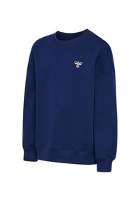Marineblaues Sweatshirt mit Rundhalsausschnitt und langen Ärmeln, mit gerippten Bündchen und Saum, mit einem kleinen cremefarbenen Bienenlogo auf der linken Brust.