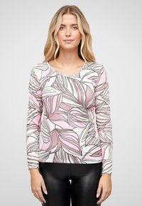 Langärmliges Oberteil aus leichtem Stoff, mit einem Pink- und Weiß-Blattmuster mit schwarzen Konturen. Rundhalsausschnitt, figurbetontes Design.