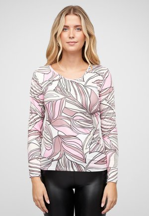 Langarmtop van lichtgewicht stof, met een roze en witte bladerenprint met zwarte omlijningen. Ronde halslijn, getailleerd ontwerp.