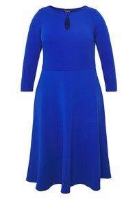 Robe bleue à manches longues avec un col rond orné d'une ouverture en forme de goutte, un corsage ajusté et une jupe évasée, confectionnée dans un tissu texturé.