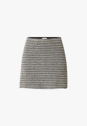 Schwarz-weiß horizontal gestreifter, gestrickter Minirock mit geradem Schnitt und elastischem Taillenbund.