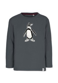 Tummanharmaa pitkähihainen paita puuvillasta, jossa on pingviinikuvio. Pingviini käyttää aurinkolaseja ja tennareita, mikä korostaa leikkisää muotoilua.