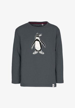 Langærmet skjorte i mørkegrå bomuld med en pingvin grafik. Pingvinen har solbriller og sneakers på, hvilket understreger et legende design.