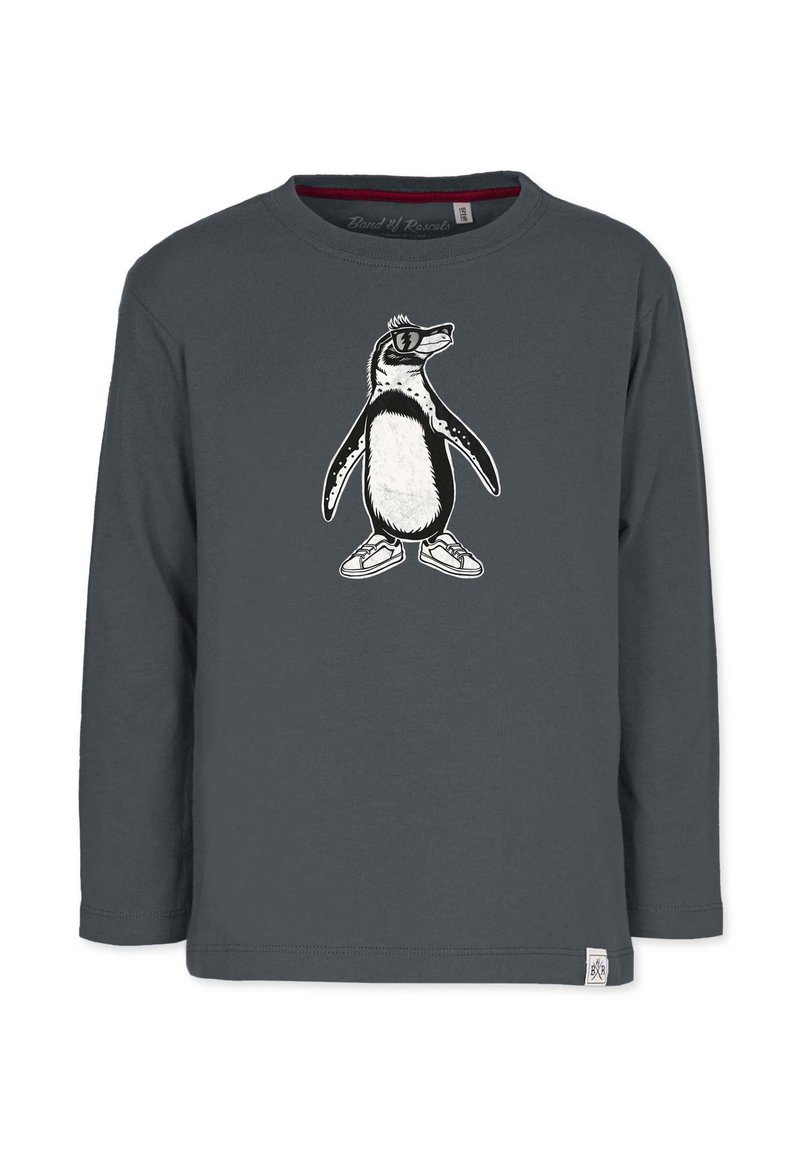 Tummanharmaa pitkähihainen paita puuvillasta, jossa on pingviinikuvio. Pingviini käyttää aurinkolaseja ja tennareita, mikä korostaa leikkisää muotoilua.