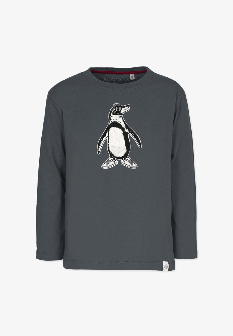 Langærmet skjorte i mørkegrå bomuld med en pingvin grafik. Pingvinen har solbriller og sneakers på, hvilket understreger et legende design.