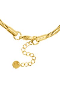 Collier en ton or avec un design de chaîne flexible, fermoir sécurisé et une extension réglable avec une petite étiquette ronde.
