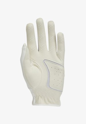 Gant de golf en cuir crème clair avec une paume texturée, des perforations pour la respirabilité et une sangle de poignet cousue.
