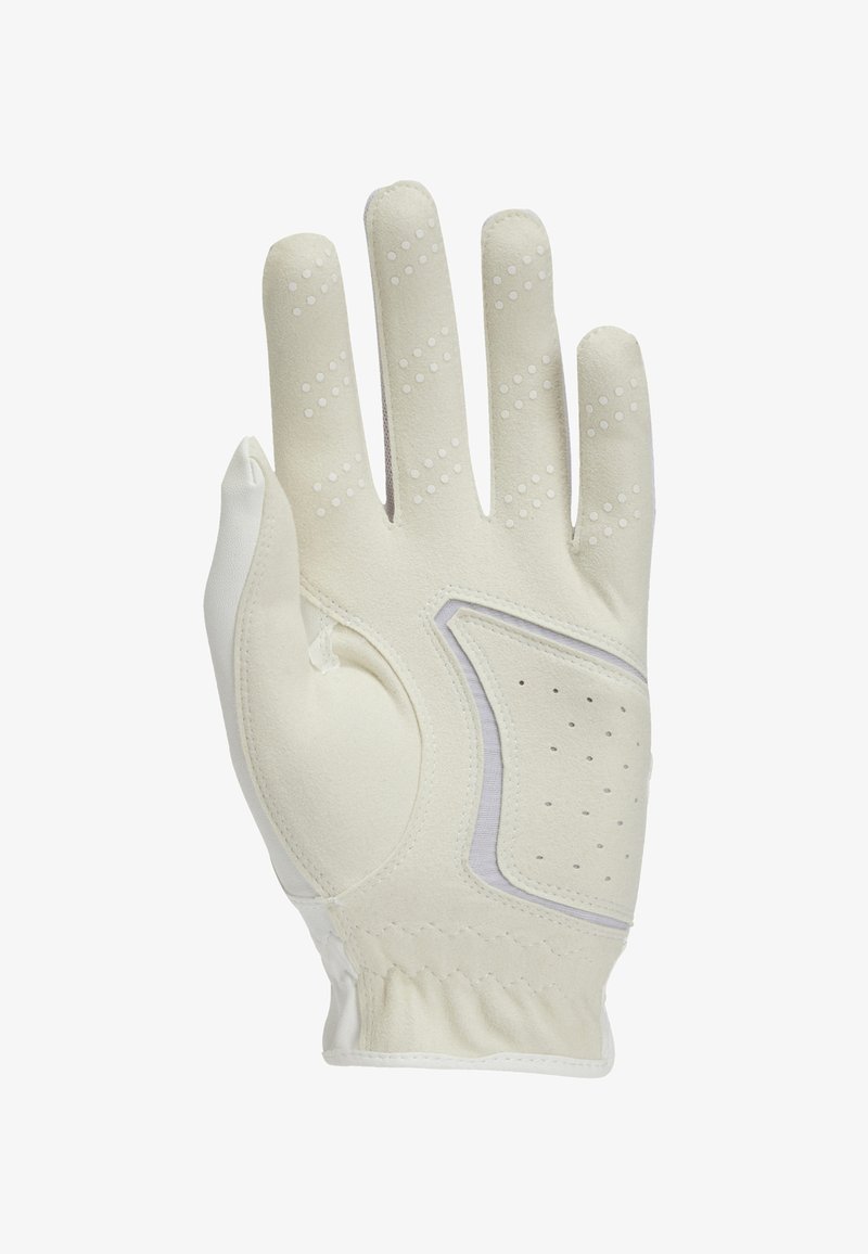 Golfová rukavica z svetlej krémovej kože s textúrovanou dlaňou, perforáciami pre priedušnosť a prešitým zápästným popruhom.