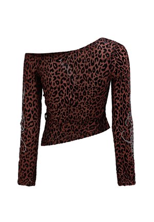Leopard print top in brown and black, featuring long sleeves, an off-shoulder design, and embellished accents along the sleeves.