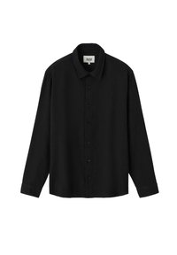 Chemise noire à manches longues, avec col, poignets et boutons sur le devant, présentée à plat sur un fond blanc.