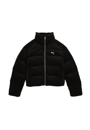 Sort corduroy pufferjakke med høj krave, fuld frontlynlås og hvidt logo på brystet. Har quiltet polstring.