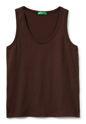 Braunes ärmelloses Baumwoll-Top mit Rundhalsausschnitt und United Colors of Benetton-Label am Kragen.