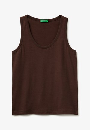 Bruine mouwloze katoenen tanktop met ronde hals en United Colors of Benetton-label op de kraag.