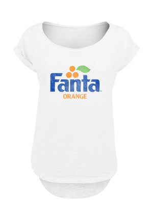 White T-shirt with a rounded neckline, featuring a blue "Fanta" logo, orange circles, and green leaf design. Soft fabric, relaxed fit.