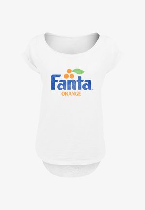 White T-shirt with a rounded neckline, featuring a blue "Fanta" logo, orange circles, and green leaf design. Soft fabric, relaxed fit.